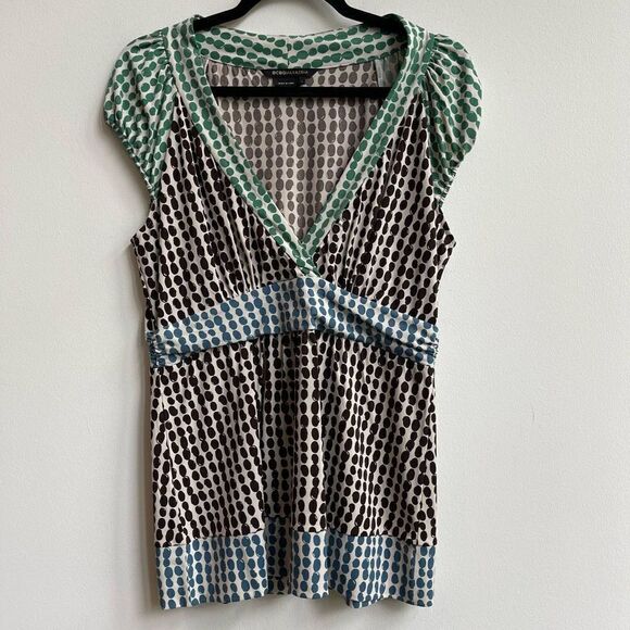 BCBGMaxazria Women's Cap Sleeve Polka Dots Empire Cut Multicolor Top Size L - Picture 1 of 5